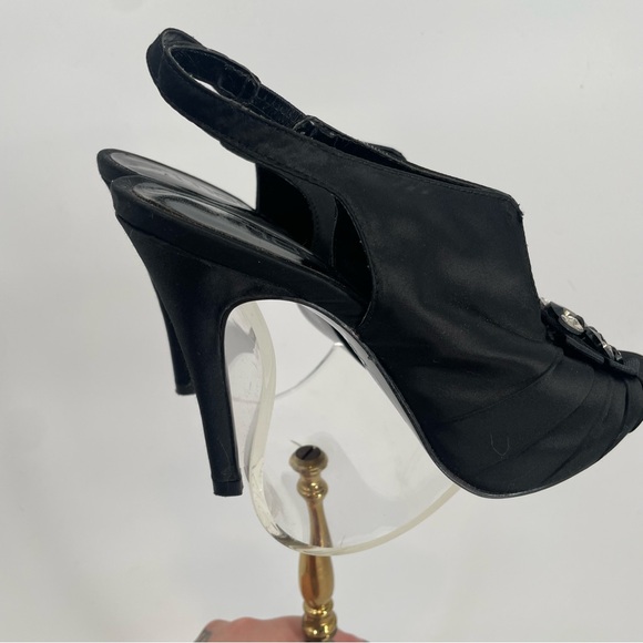 Moda Spana Black Satin Peep Toe Slingback Heels With Rhinestone Embellishment - Picture 6 of 13
